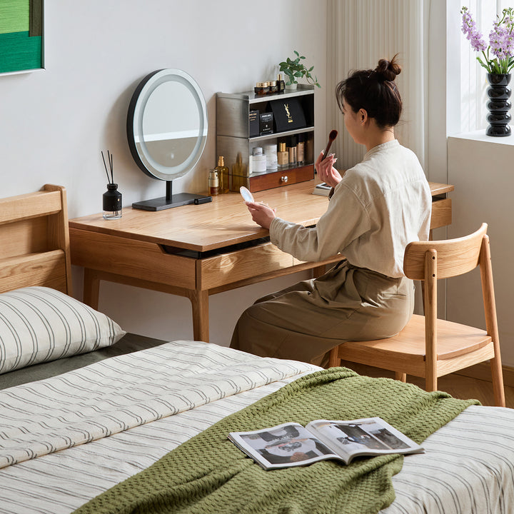 Scandinavian oak wood dressing table floating in details.