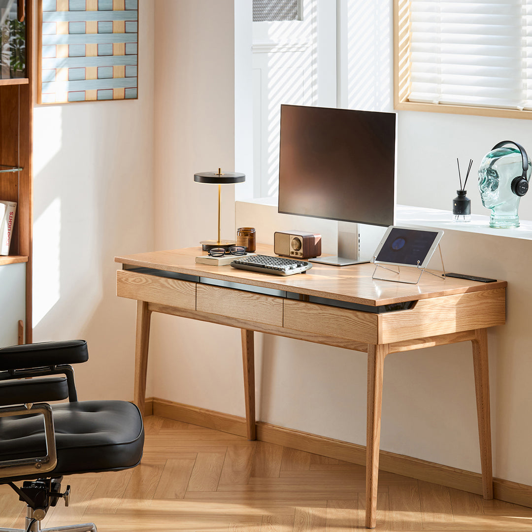 Scandinavian oak wood dressing table floating in close up details.