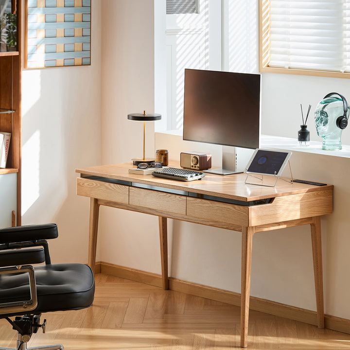 Scandinavian oak wood dressing table floating in close up details.