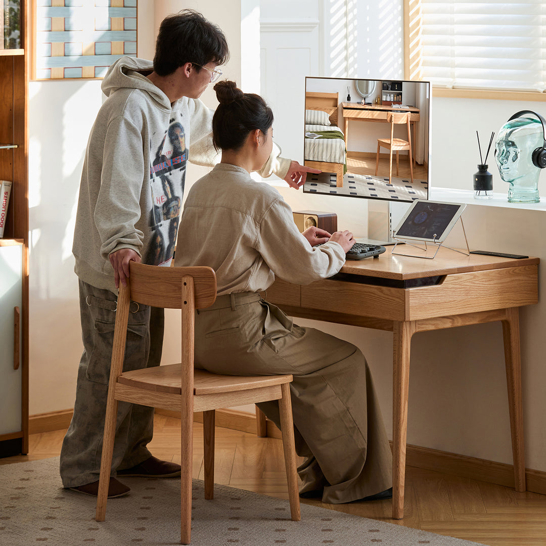 Scandinavian oak wood dressing table floating in panoramic view.