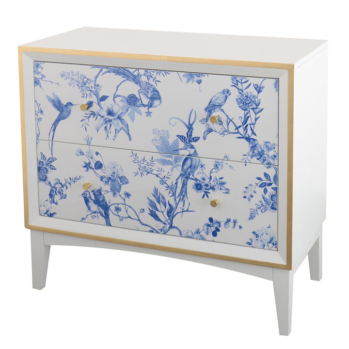 Eclectic wood drawer cabinet delft blue in real life style.