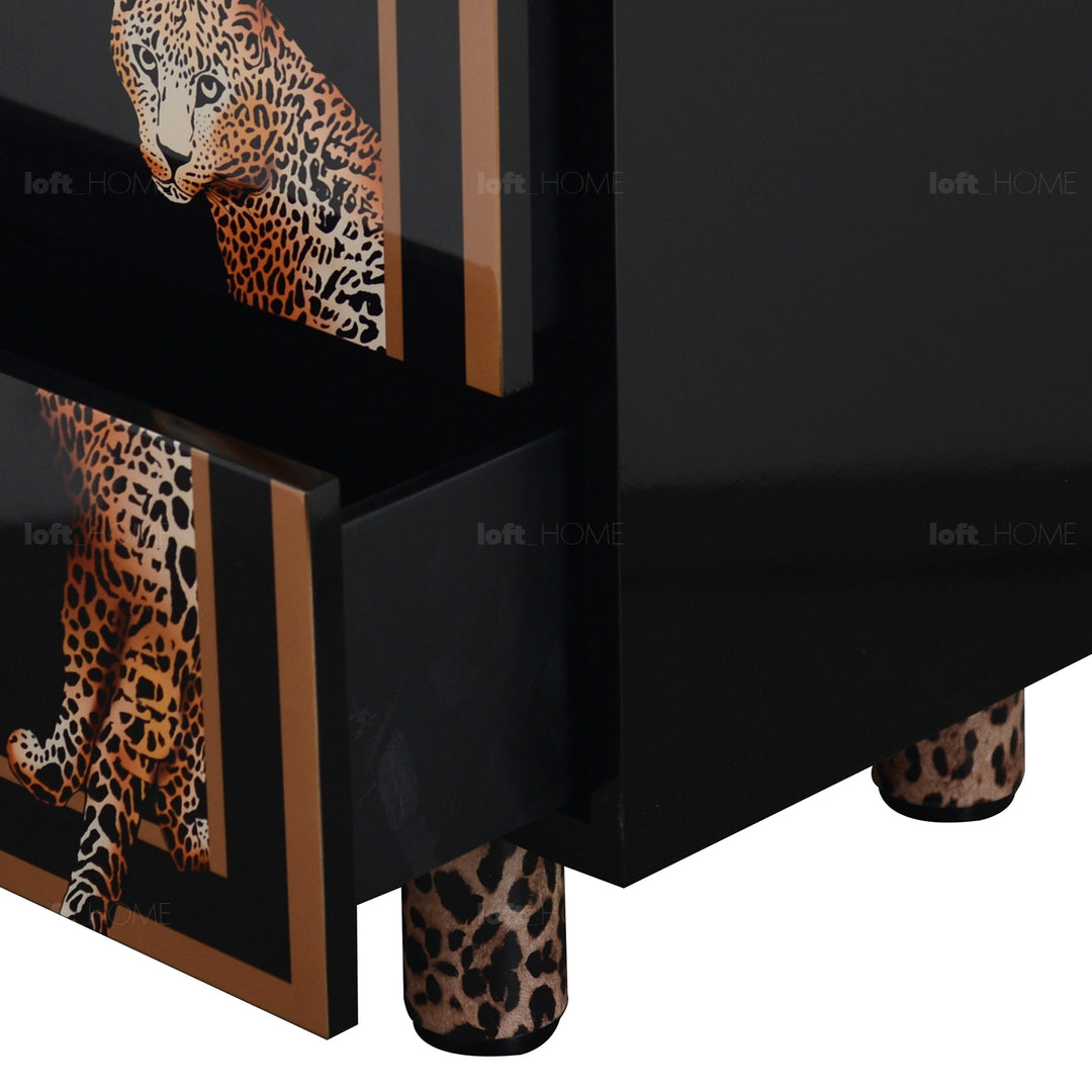 Eclectic wood drawer cabinet low leopard in panoramic view.