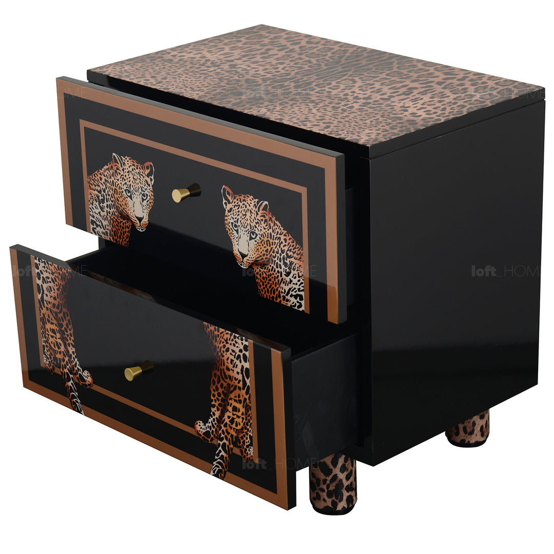 Eclectic wood drawer cabinet low leopard with context.