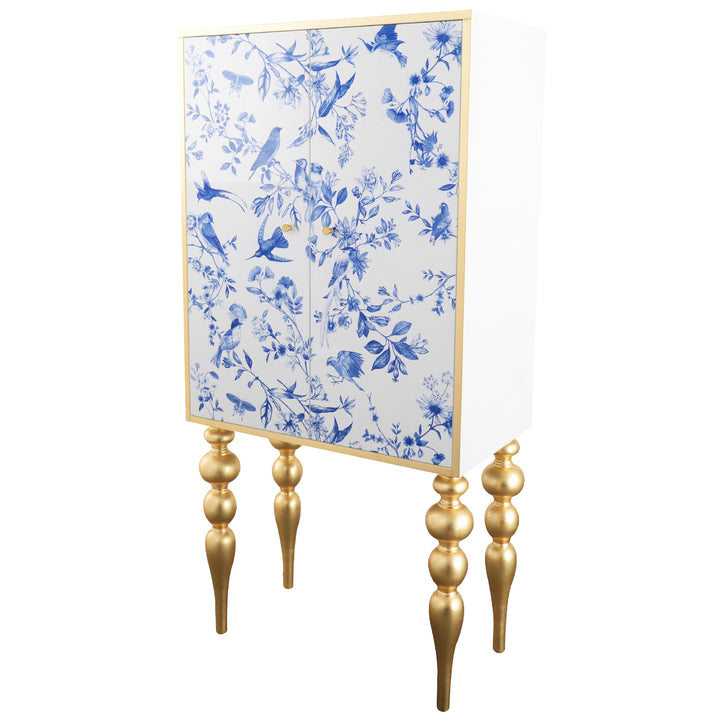 Eclectic wood storage cabinet high delft blue in real life style.