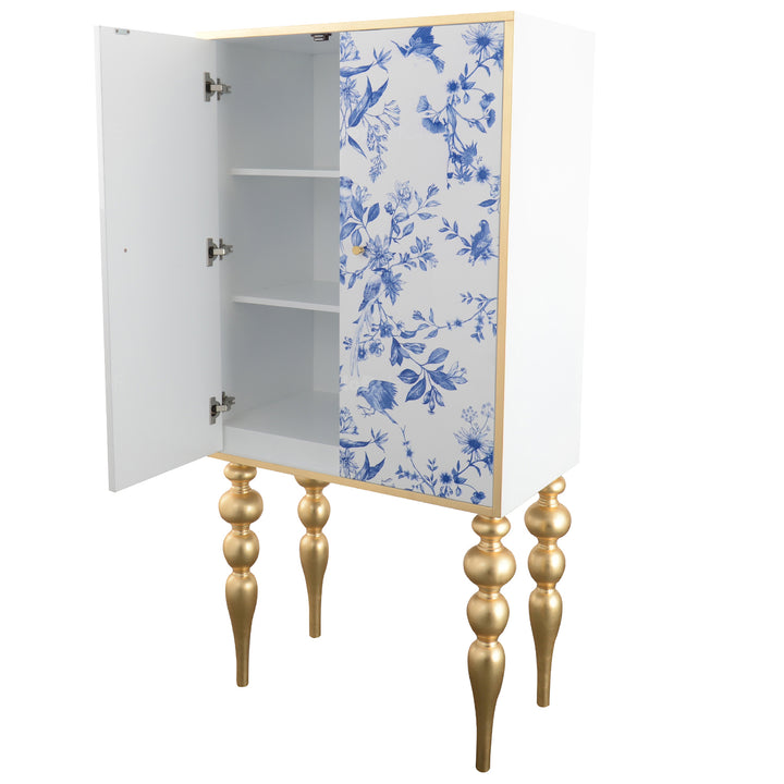 Eclectic wood storage cabinet high delft blue with context.
