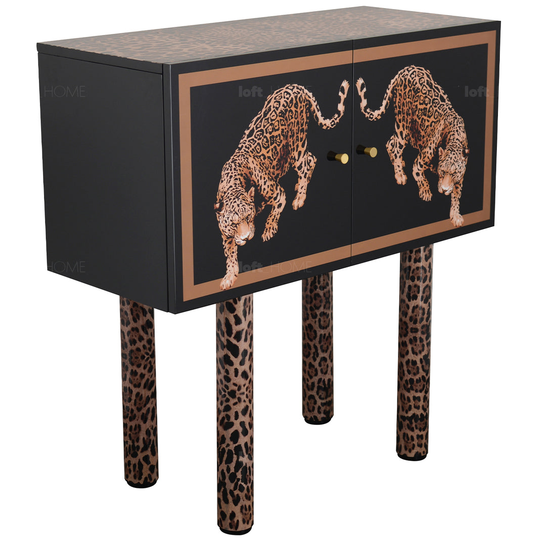 Eclectic wood storage cabinet high leopard in panoramic view.