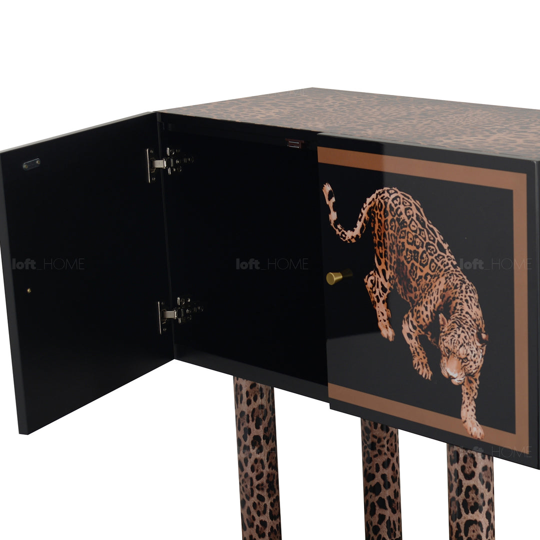 Eclectic wood storage cabinet high leopard layered structure.