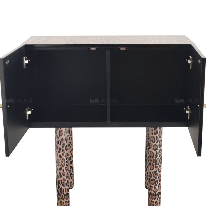 Eclectic wood storage cabinet high leopard detail 1.