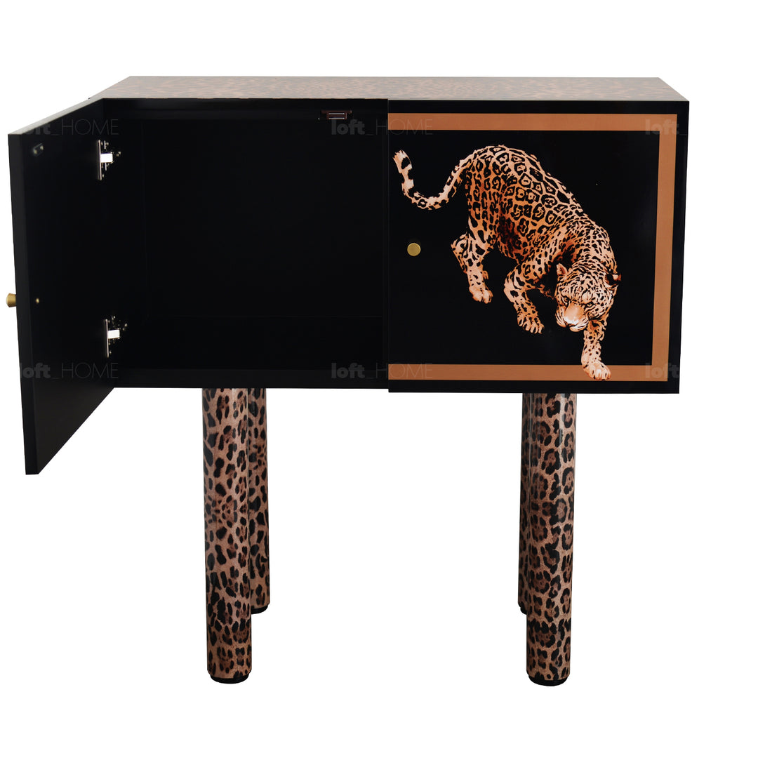 Eclectic wood storage cabinet high leopard in details.