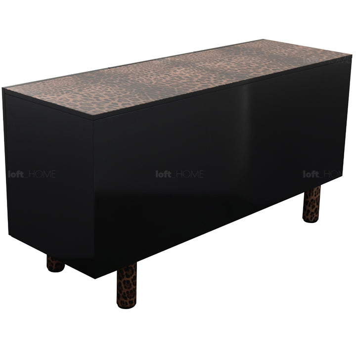 Eclectic wood storage cabinet low leopard in panoramic view.