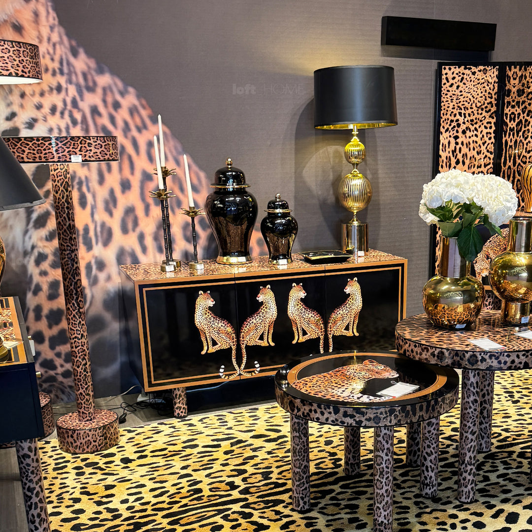 Eclectic wood storage cabinet low leopard material variants.