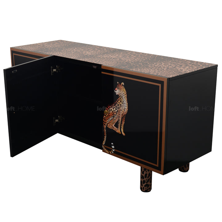 Eclectic wood storage cabinet low leopard in close up details.