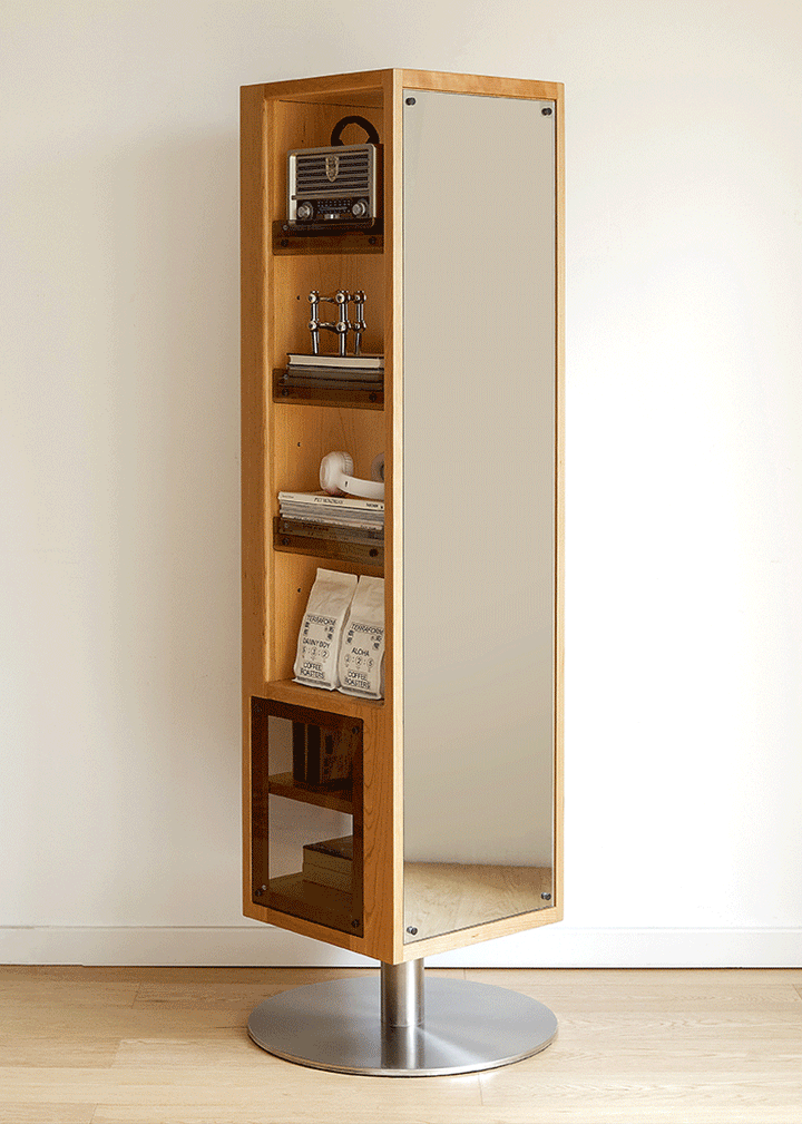 Scandinavian Cherry Wood Revolving Bookshelf With Mirror TWIRL