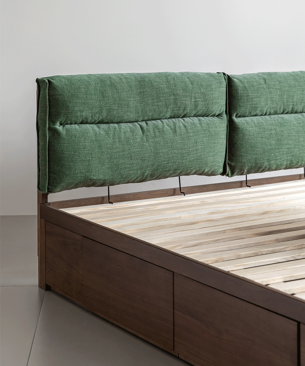 Vintage walnut wood cushion lift-up storage bed with drawer kangaroo color swatches.