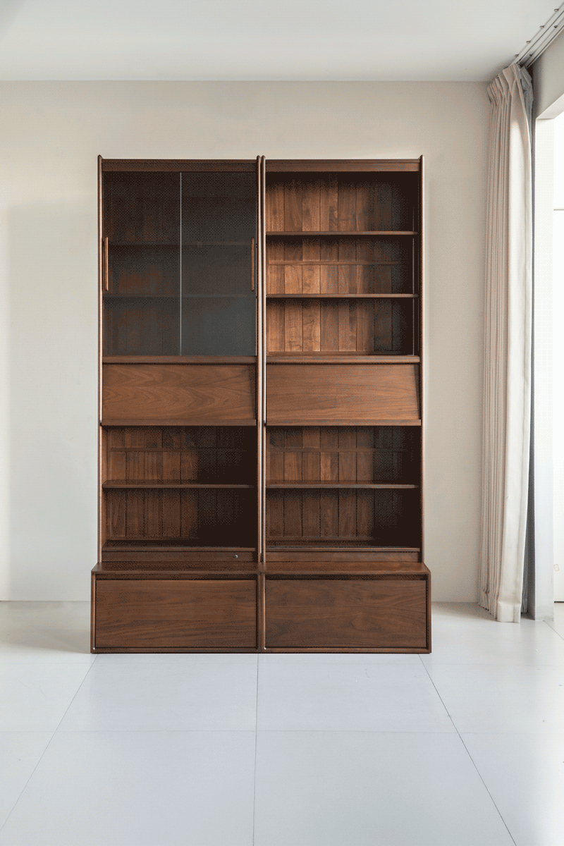 Vintage walnut wood bookshelf vista color swatches.