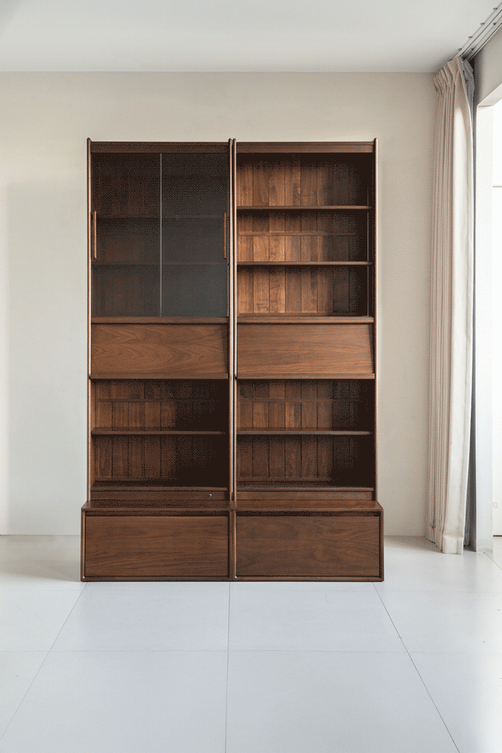 Vintage walnut wood bookshelf vista color swatches.