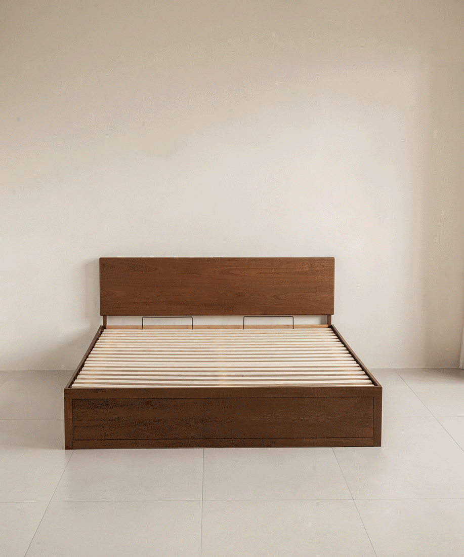 Vintage walnut wood lift-up storage bed with drawer kangaroo color swatches.