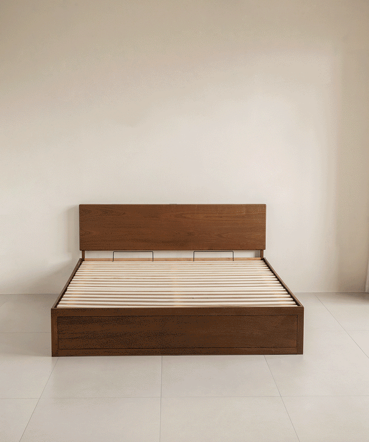 Vintage walnut wood lift-up storage bed with drawer kangaroo color swatches.