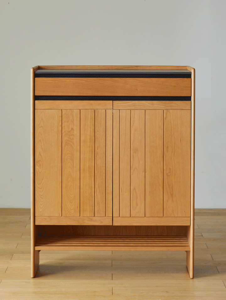 Scandinavian cherry wood modular shoe cabinet harbor color swatches.