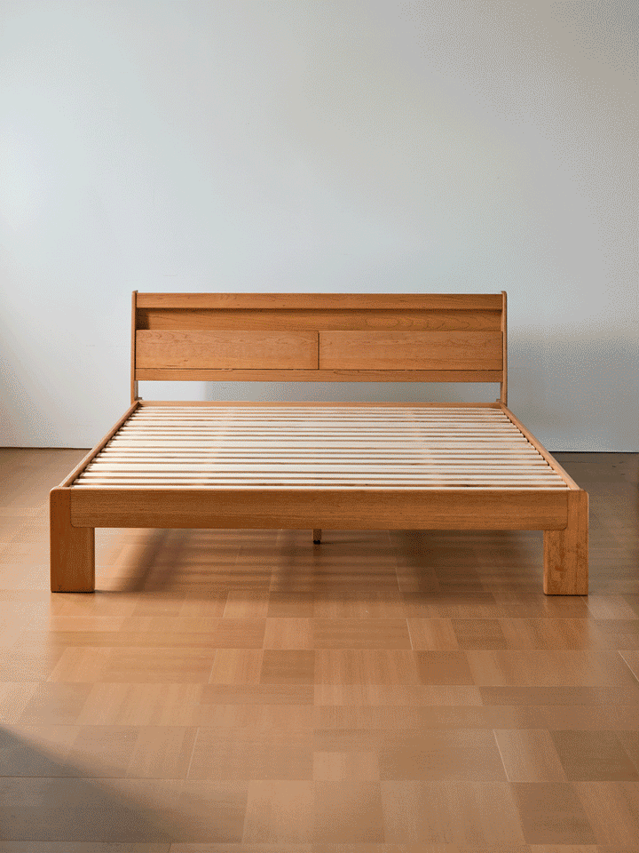 Scandinavian cherry wood bed accompany light in real life style.