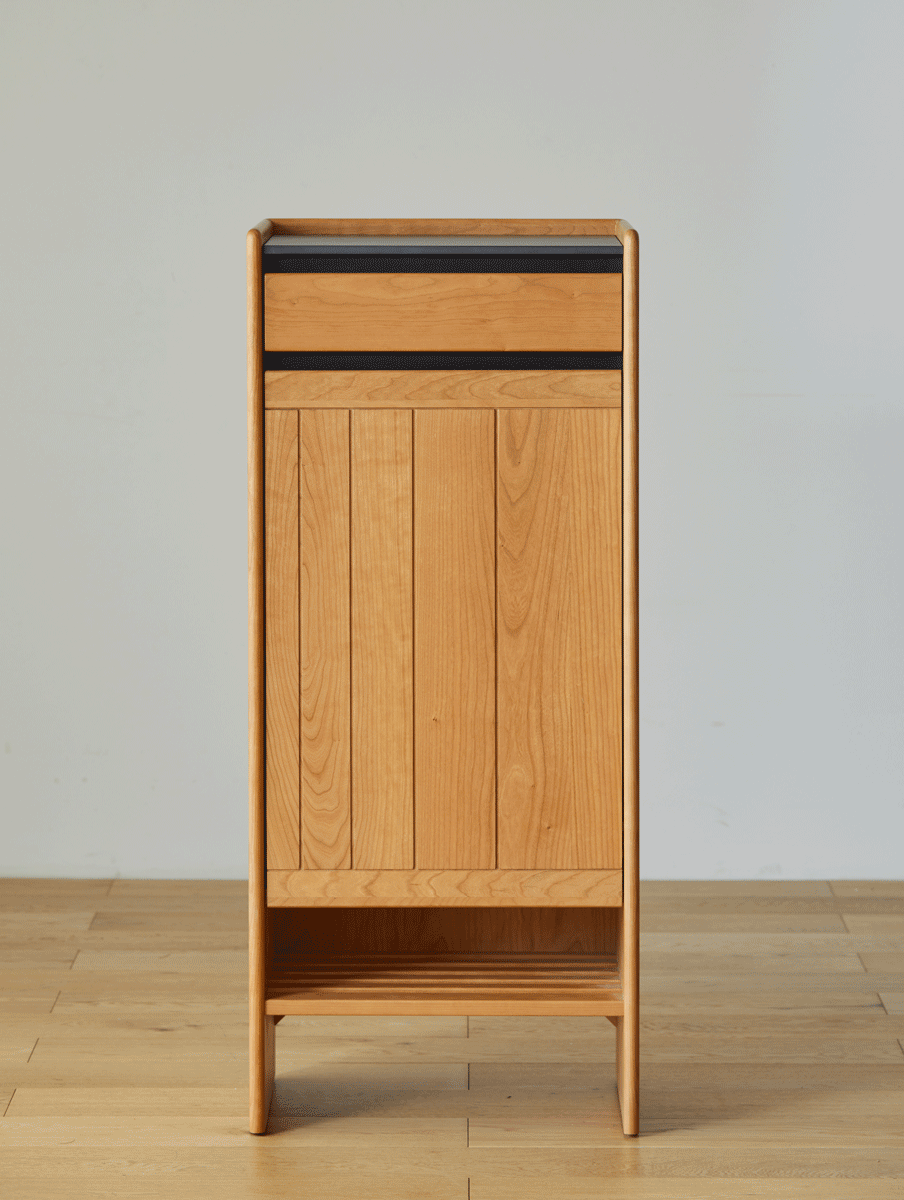 Scandinavian cherry wood modular shoe cabinet harbor in real life style.