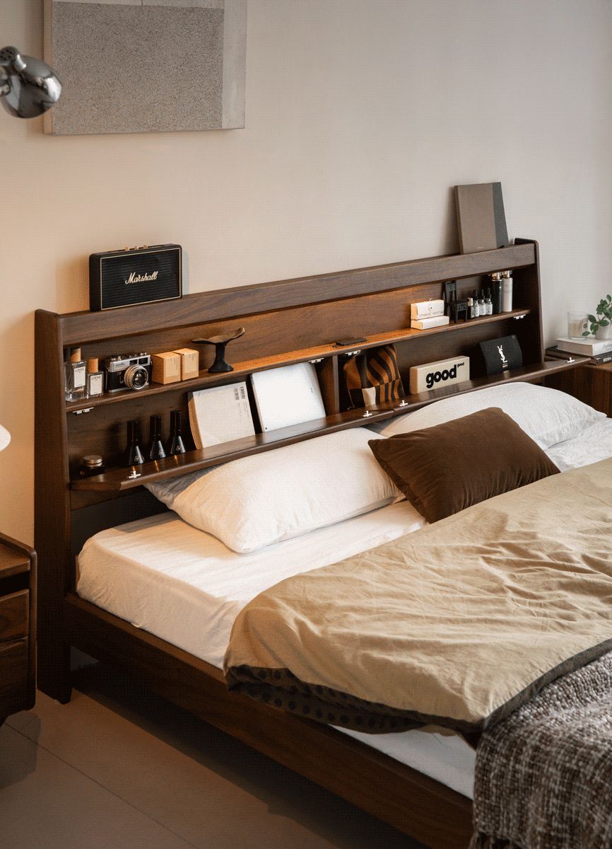 Vintage walnut wood bed accompany light in real life style.