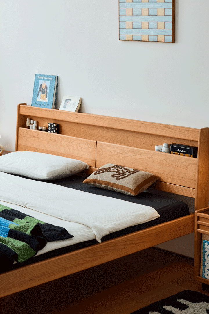 Scandinavian cherry wood bed accompany light in details.