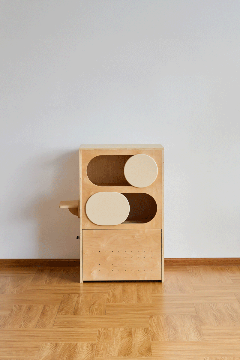 Minimalist plywood cat tower cabinet gulu color swatches.