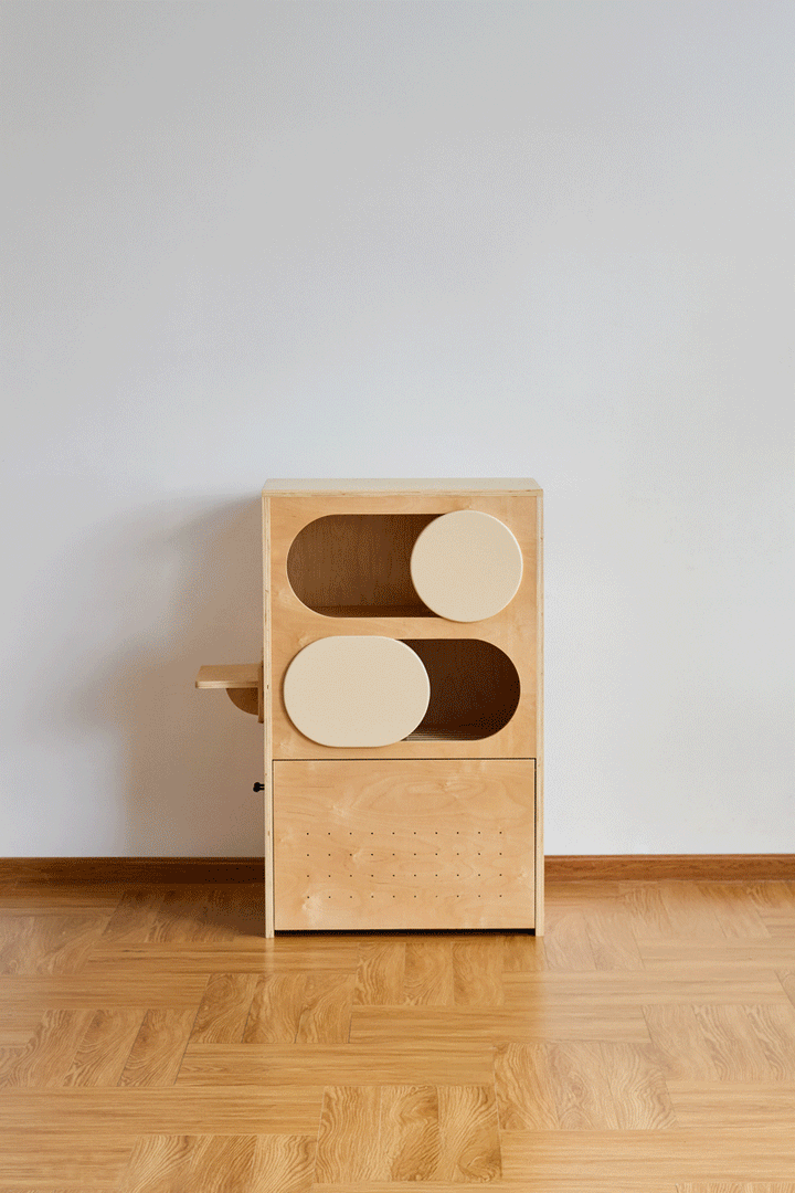 Minimalist plywood cat tower cabinet gulu color swatches.