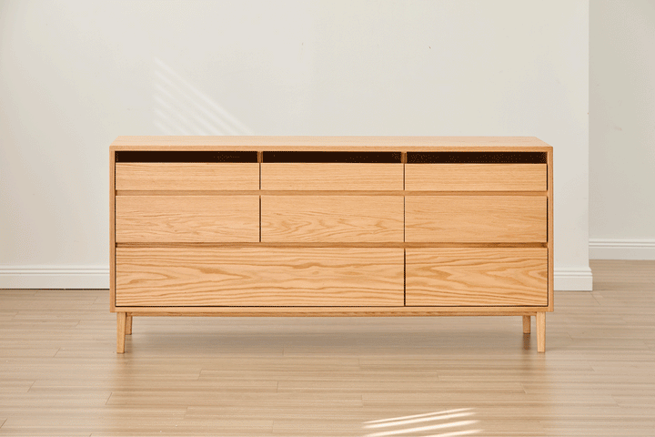 Scandinavian oak wood chest of 8 drawers floating light color swatches.