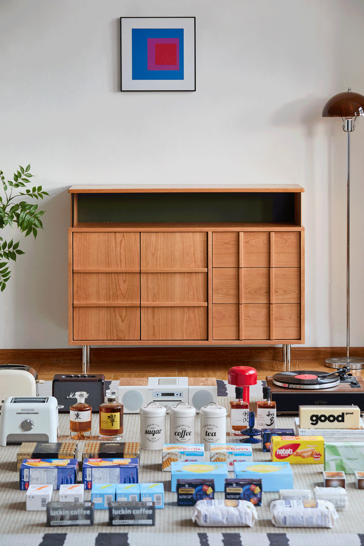 Scandinavian cherry wood side cabinet blue mountain in details.