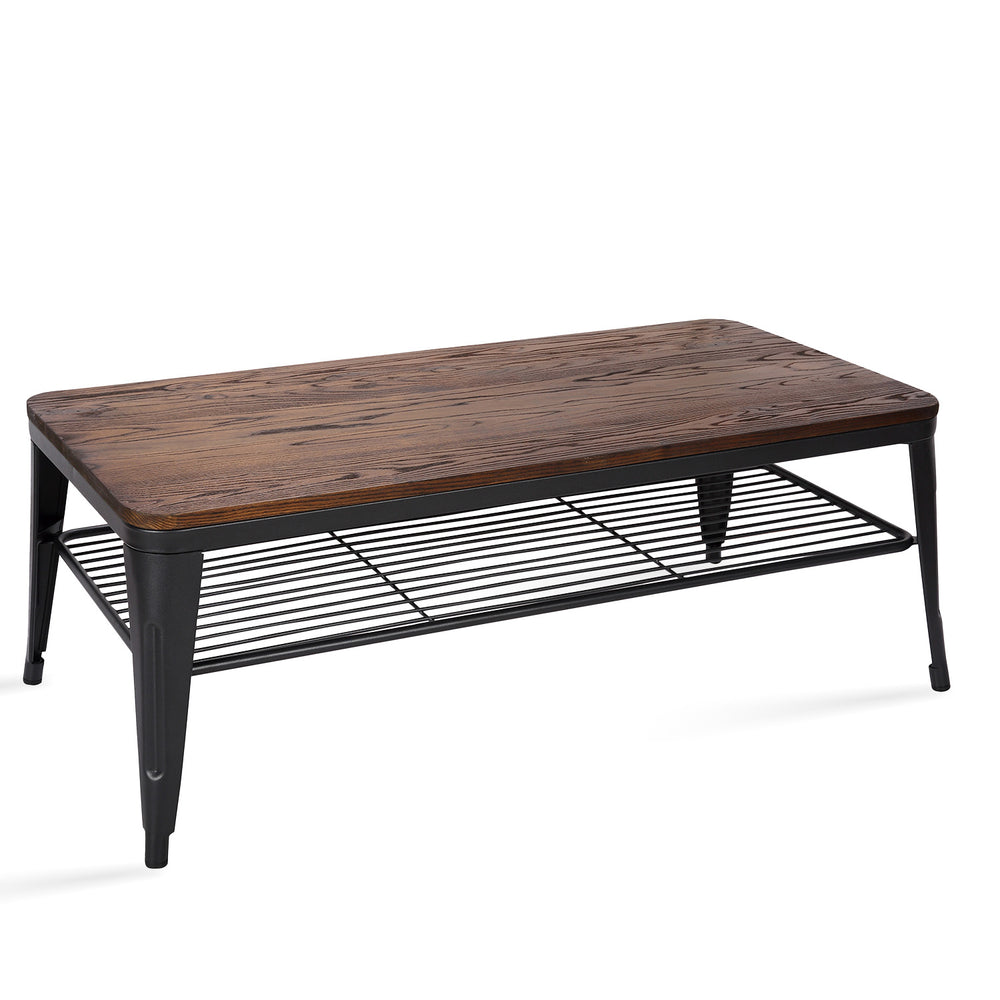 Industrial elm wood coffee table classic in white background.