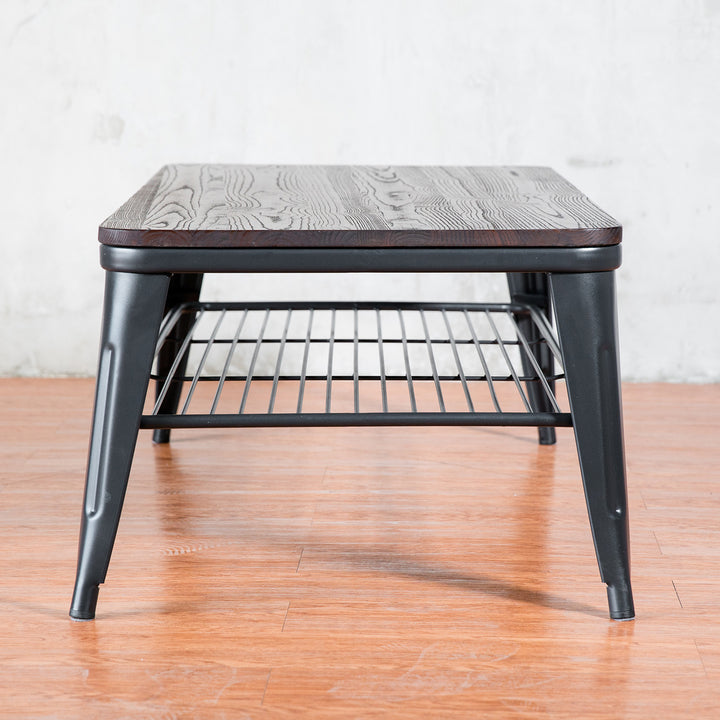 Industrial elm wood coffee table classic in panoramic view.