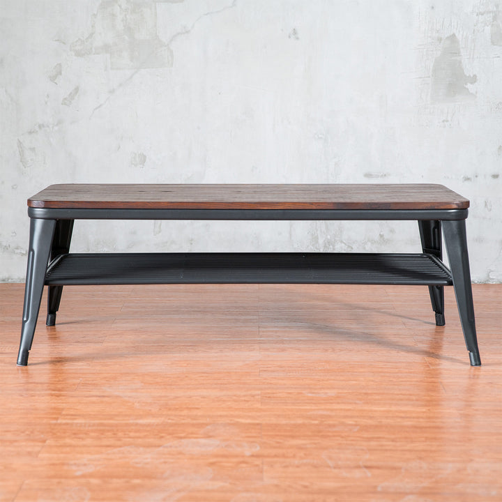 Industrial elm wood coffee table classic in close up details.