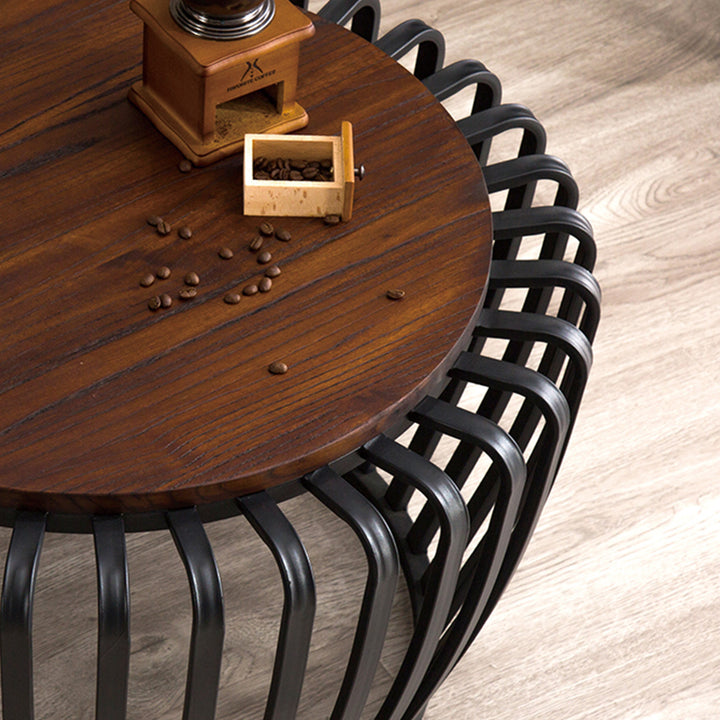 Industrial elm wood coffee table roman l in panoramic view.