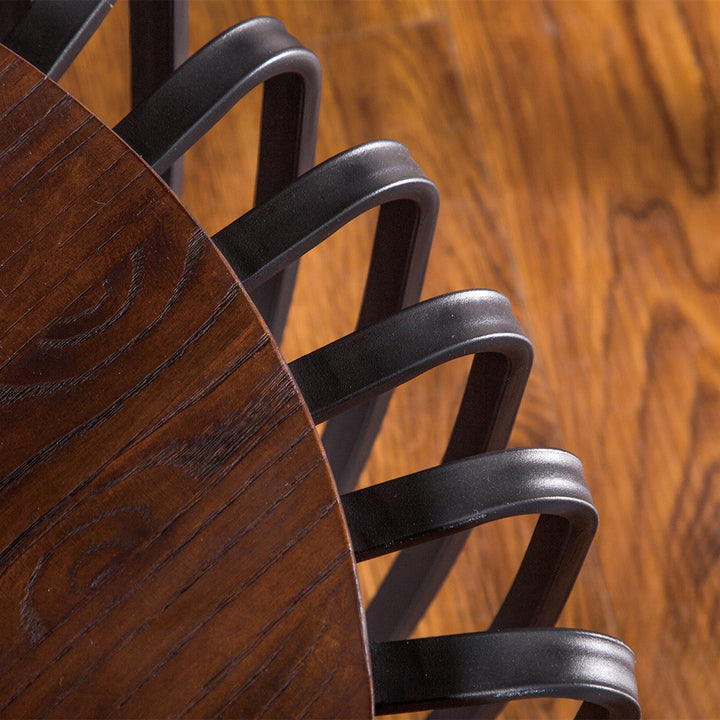 Industrial elm wood coffee table roman in close up details.