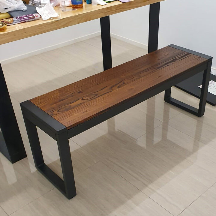 Industrial elm wood dining bench usquare with context.