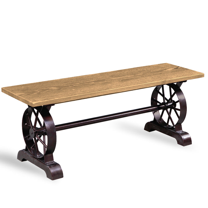 Industrial elm wood dining bench wheel in panoramic view.