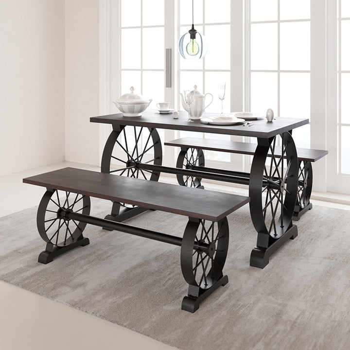 Industrial elm wood dining bench wheel primary product view.