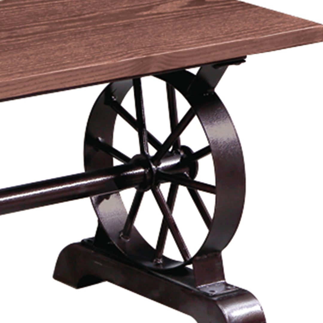 Industrial elm wood dining bench wheel in real life style.