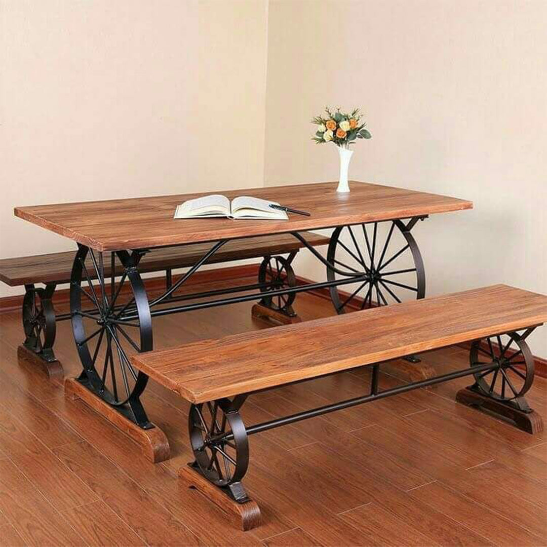 Industrial elm wood dining bench wheel in close up details.