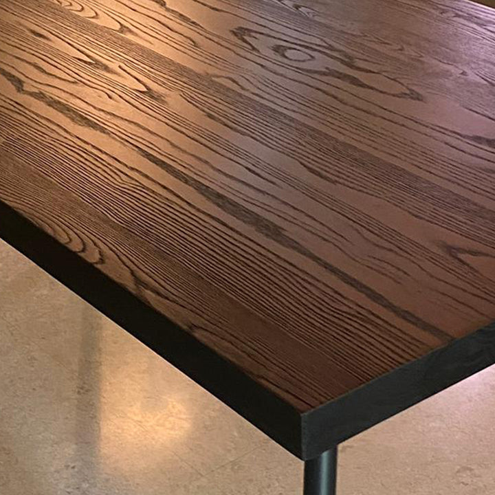 Industrial elm wood dining table ran in details.