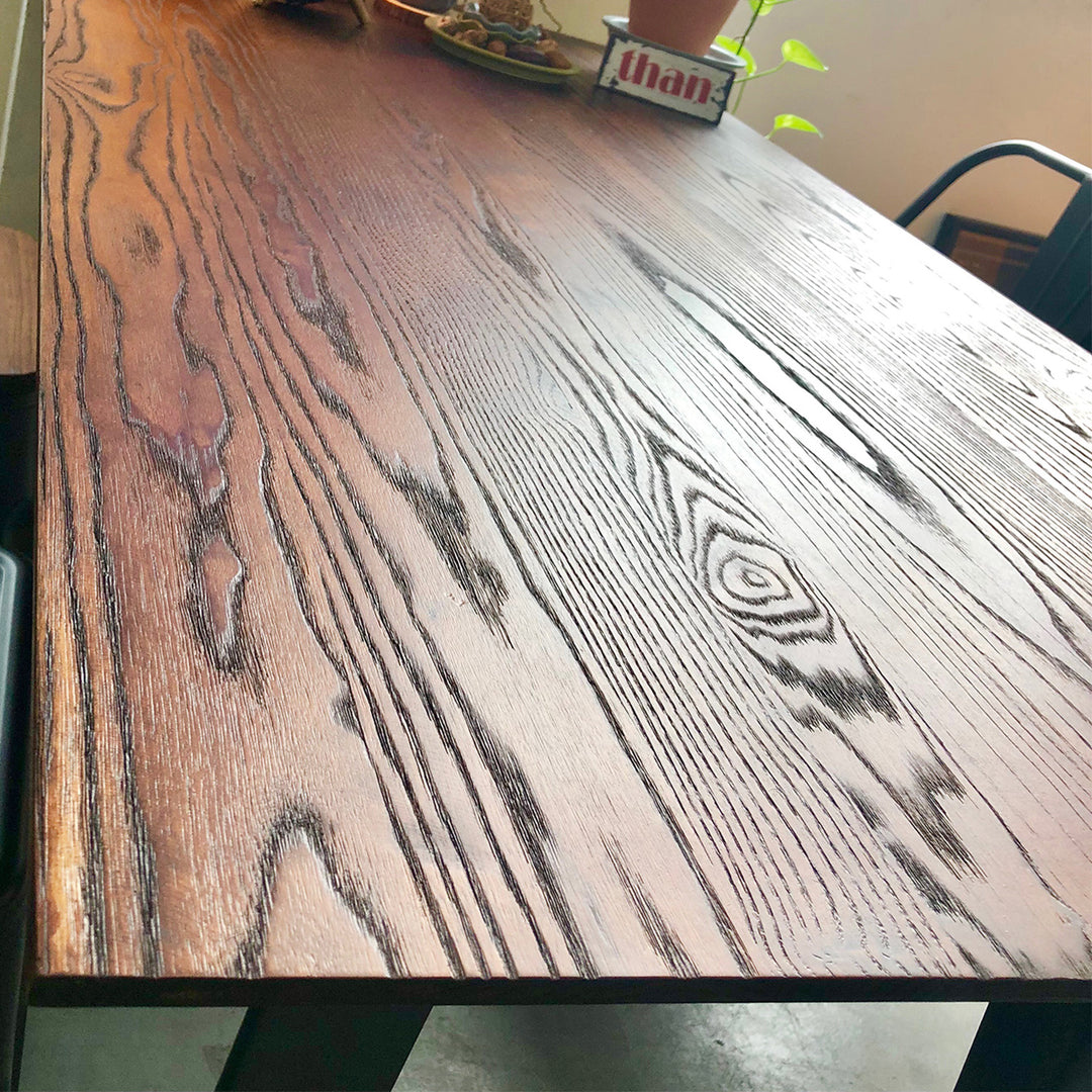 Industrial elm wood dining table usquare with context.