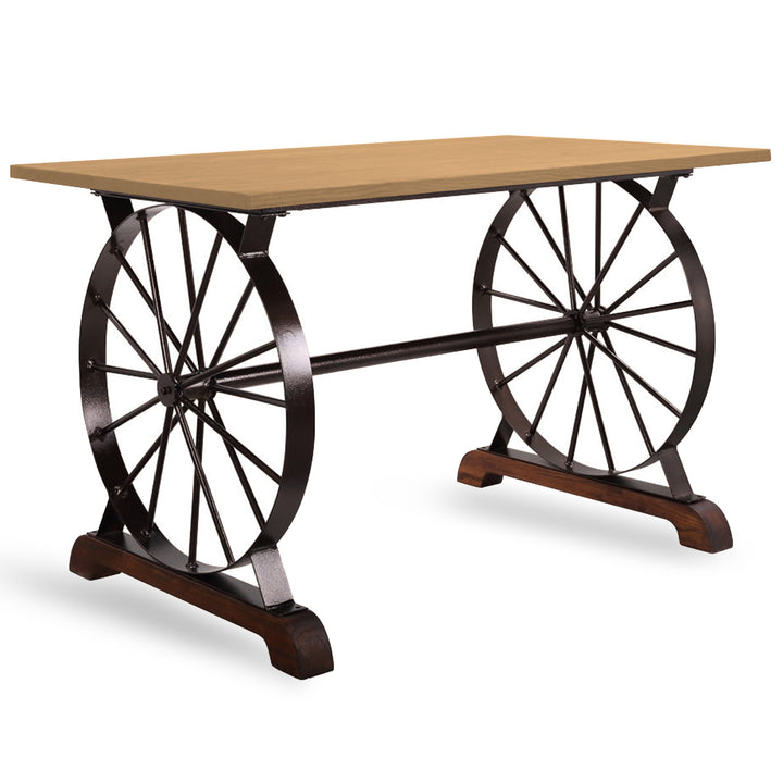 Industrial elm wood dining table wheel in panoramic view.