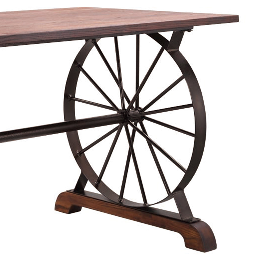 Industrial elm wood dining table wheel in real life style.