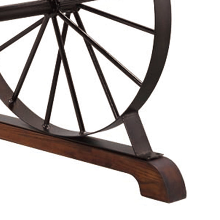 Industrial elm wood dining table wheel with context.