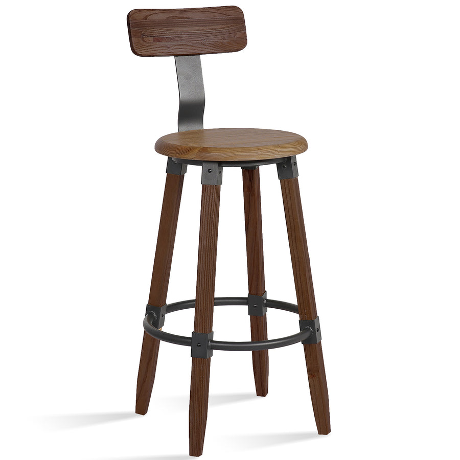 Industrial elm wood round bar stool herman in white background.