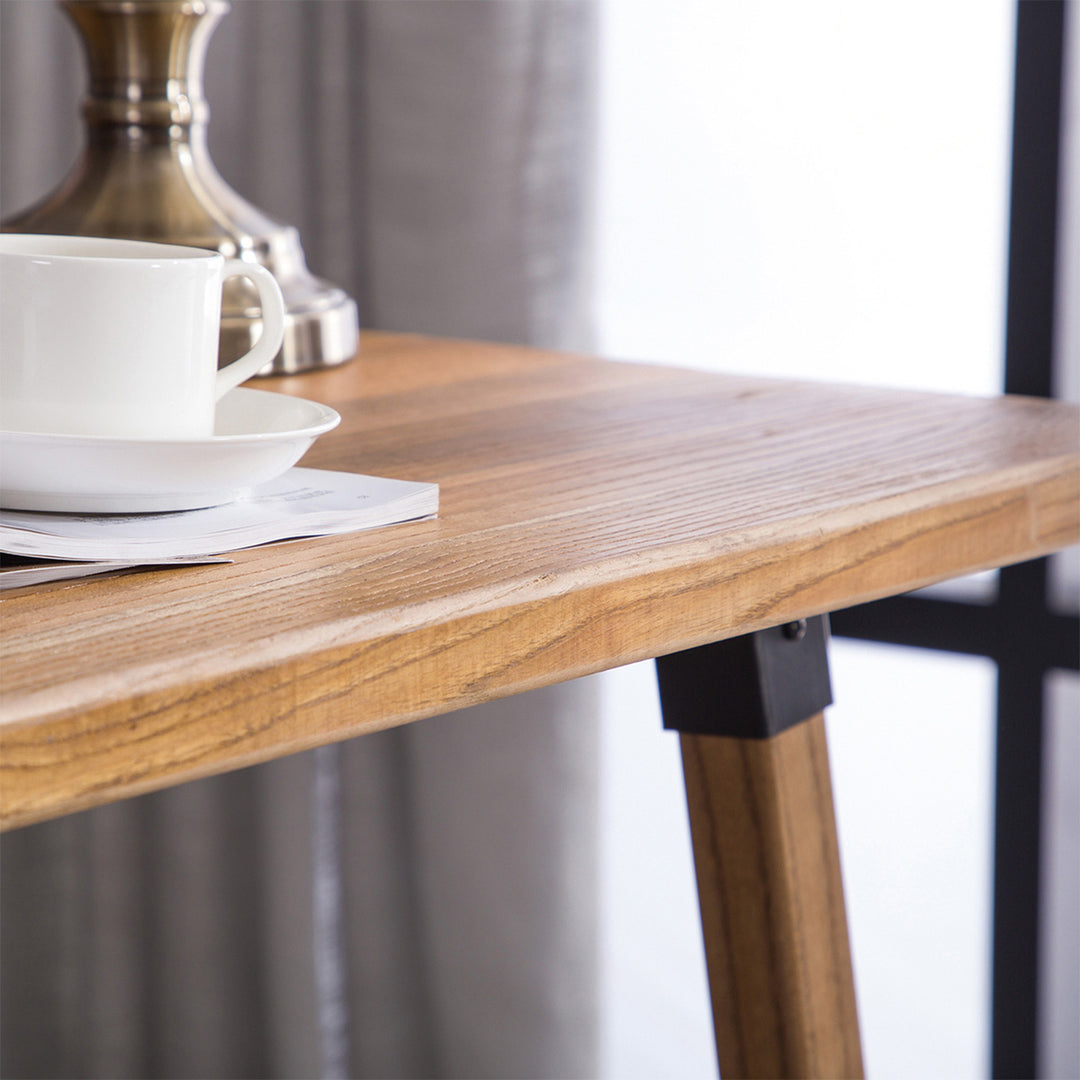 Industrial elm wood round bar stool herman in details.