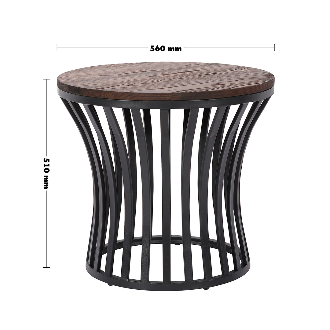 Industrial elm wood side table gene size charts.