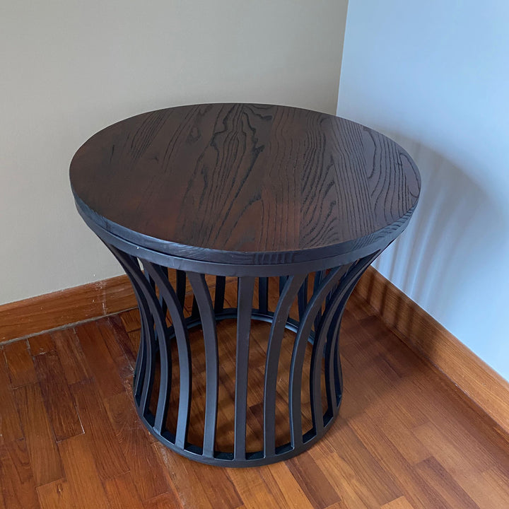 Industrial elm wood side table gene in close up details.